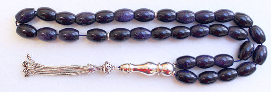 Luxury Prayer Beads Tesbih Large Oval Blue Goldstone & Sterling - Collector's