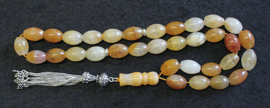 Luxury Prayer Beads Tesbih Large Oval Agate with Amber Color & Sterling - Very Unusual