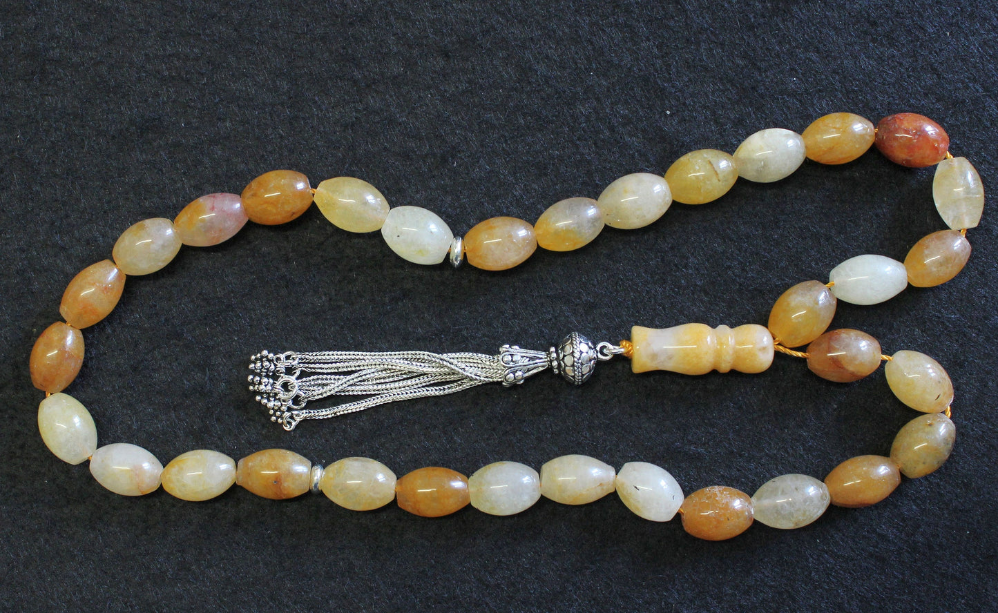 Luxury Prayer Beads Tesbih Large Oval Agate with Amber Color & Sterling - Very Unusual