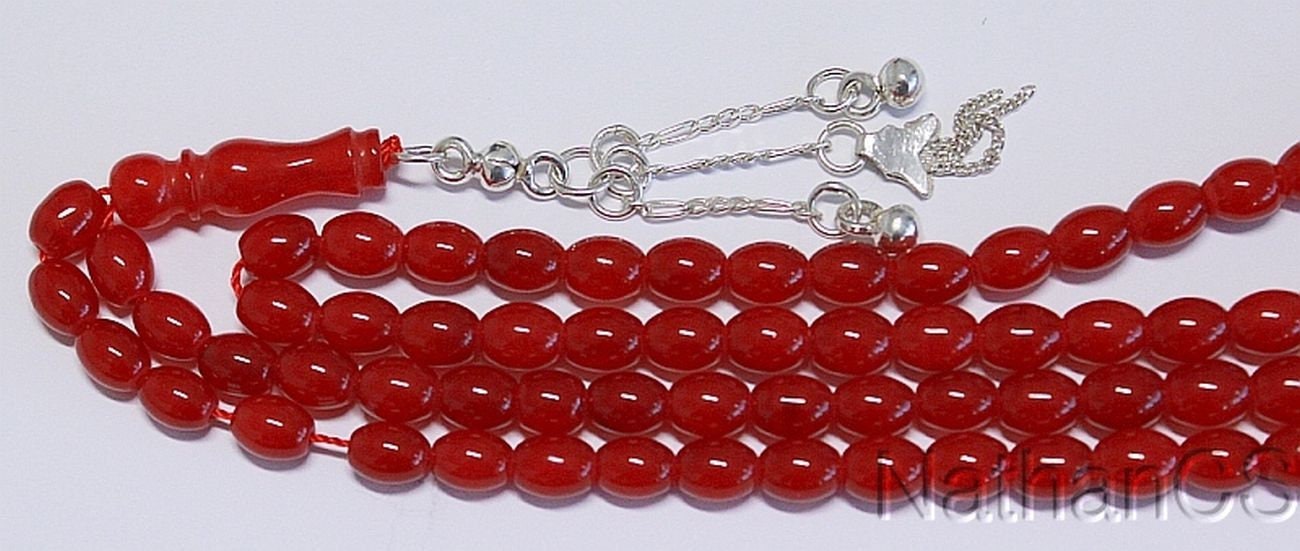 Islamic Prayer Beads Tesbih Gebestkette 99 Beads Natural Red Jade & Sterling Silver