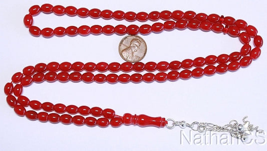 Islamic Prayer Beads Tesbih Gebestkette 99 Beads Natural Red Jade & Sterling Silver