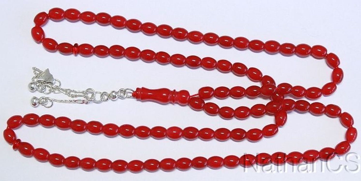 Islamic Prayer Beads Tesbih Gebestkette 99 Beads Natural Red Jade & Sterling Silver
