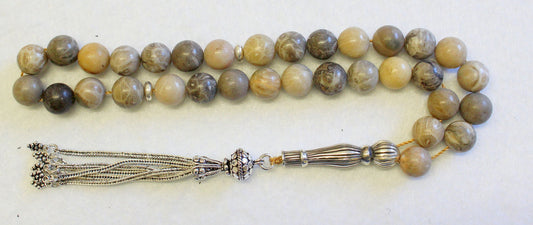 Prayer Beads Tesbih Gebetskette Fossil Coral and Sterling Silver - Collector's item