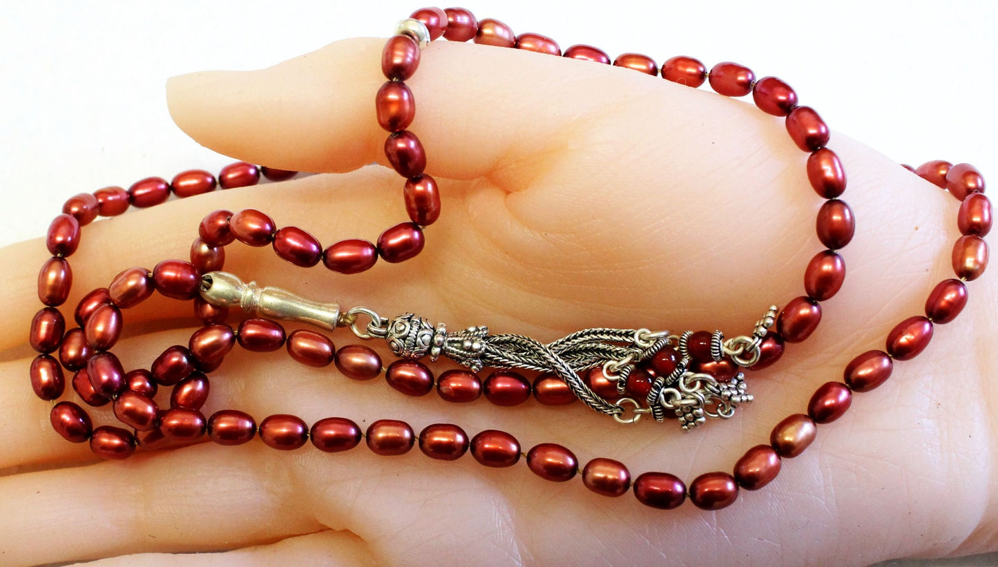 Islamic Prayer Beads Cherry Copper Genuine Pearl Beads & Sterling Silver