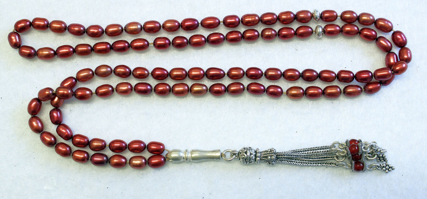 Islamic Prayer Beads Cherry Copper Genuine Pearl Beads & Sterling Silver