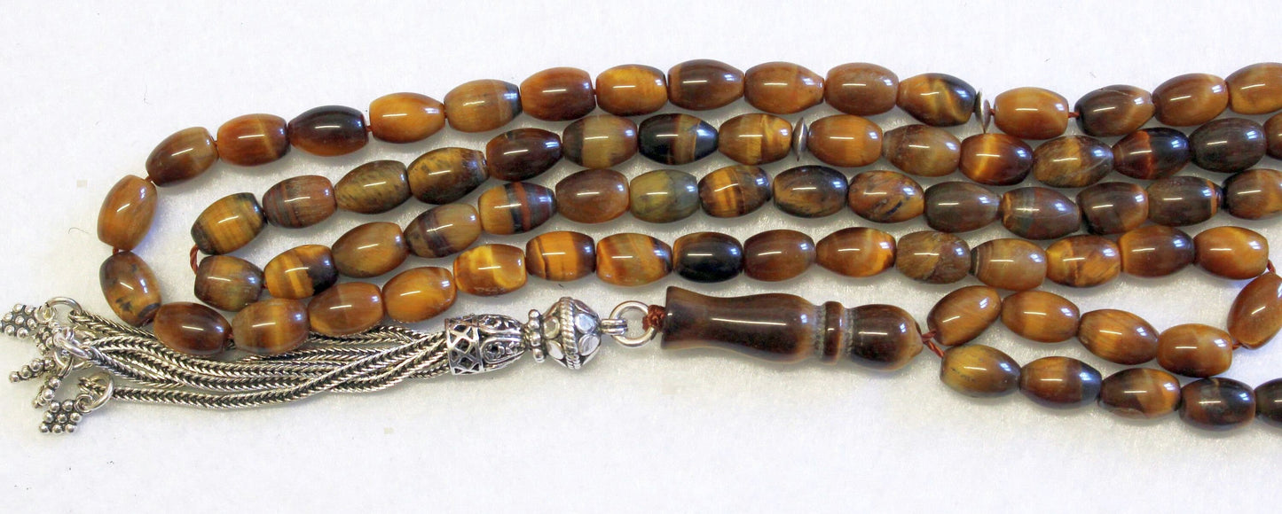 Islamic Prayer Beads Gebetskette 99 Oval Tiger Eye & Sterling Silver