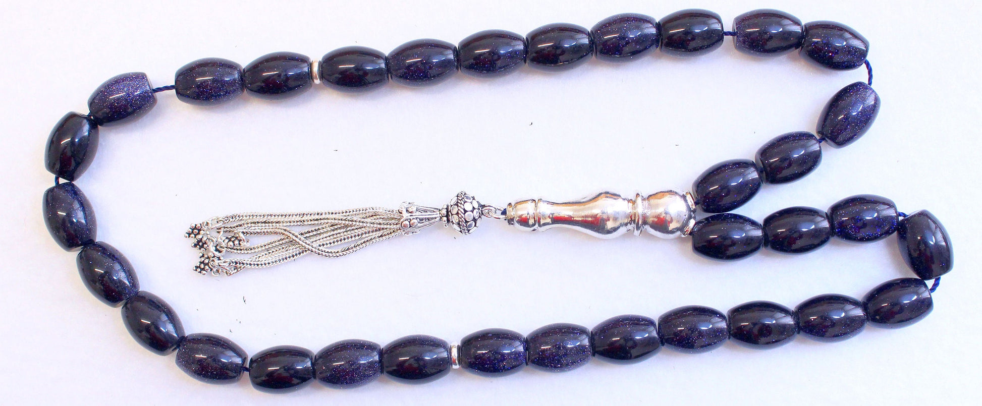 Luxury Prayer Beads Tesbih Large Oval Blue Goldstone & Sterling - Collector's