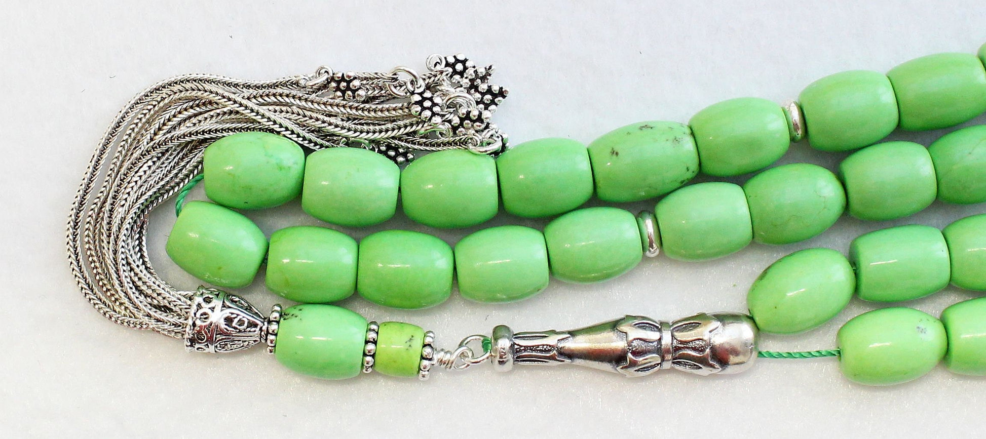 Lime Turquoise Prayer Beads: Sterling Silver Tassel Tesbih