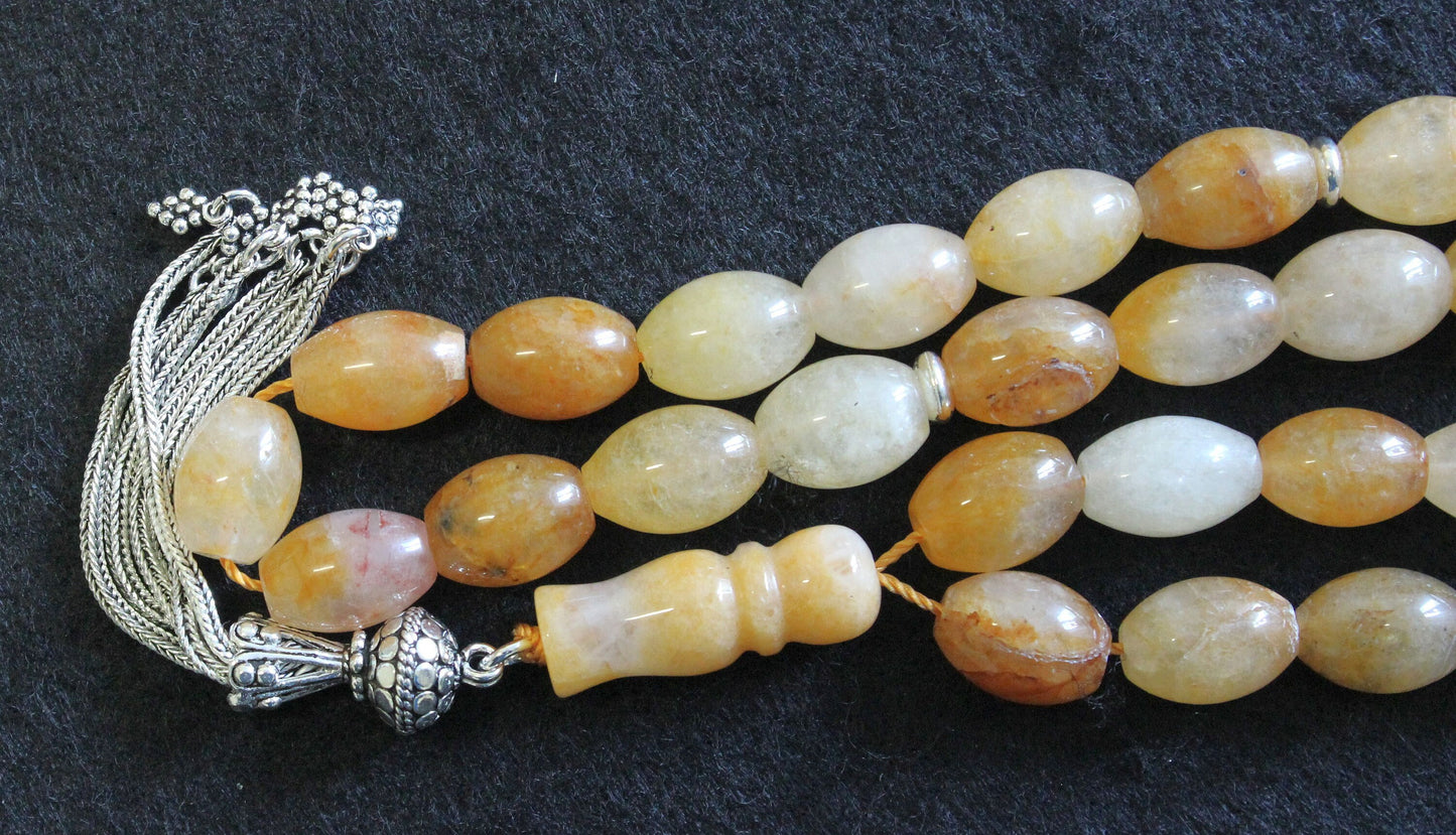 Luxury Prayer Beads Tesbih Large Oval Agate with Amber Color & Sterling - Very Unusual