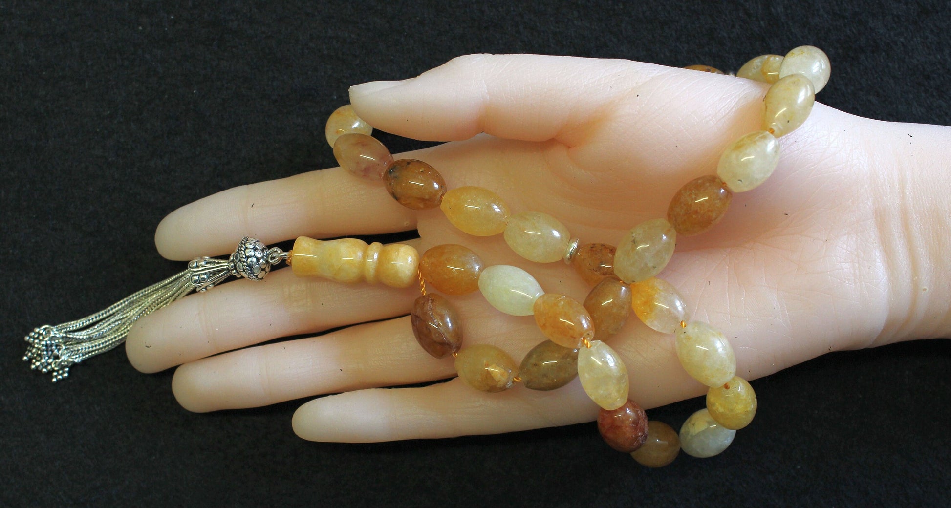 Luxury Prayer Beads Tesbih Large Oval Agate with Amber Color & Sterling - Very Unusual