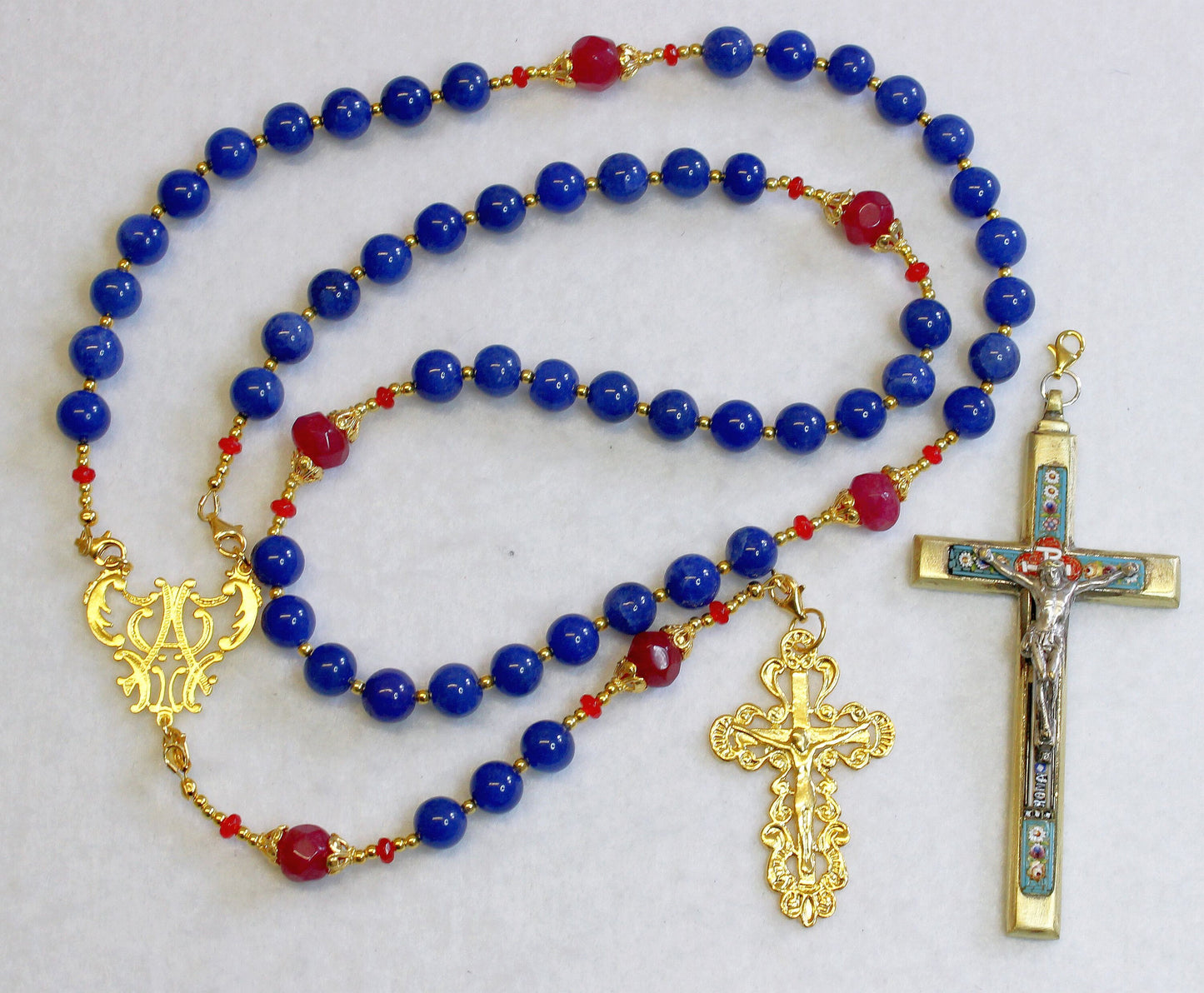 Catholic Rosary Sapphire, Vermeil & Micro Mosaic, Wearable, 9 Uses, 2 crosses – RARE - UNIQUE