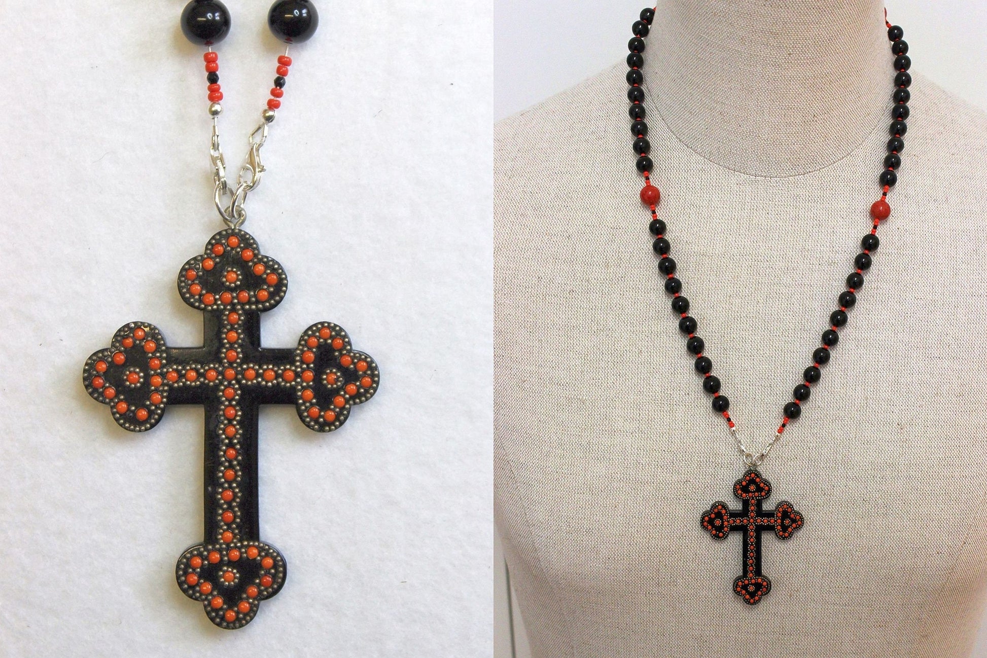 Catholic Rosary Jet, Sterling & Coral with Vintage Gutta Percha Studded Cross Rare Unique