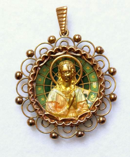 18 K Gold Plique-à-Jour Polychrome Enamel 1920's Virgin Medal w Chain XXR