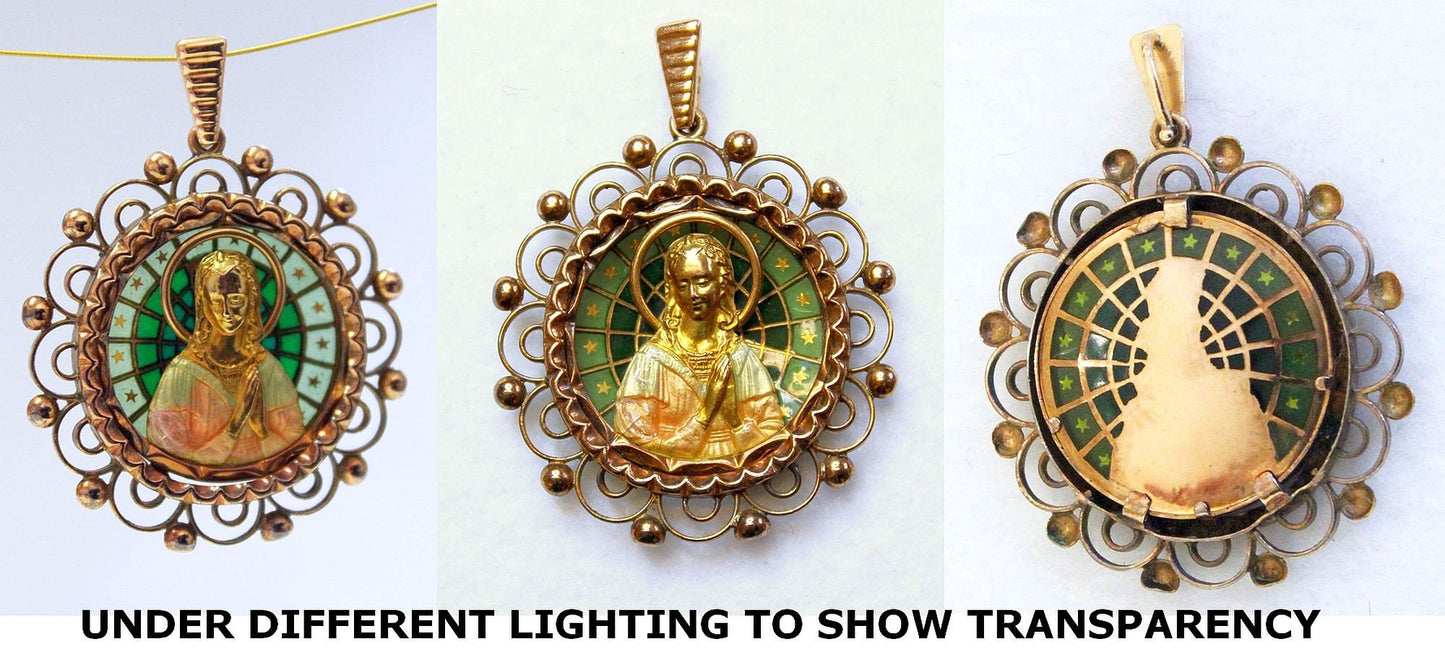 18 K Gold Plique-à-Jour Polychrome Enamel 1920's Virgin Medal w Chain XXR