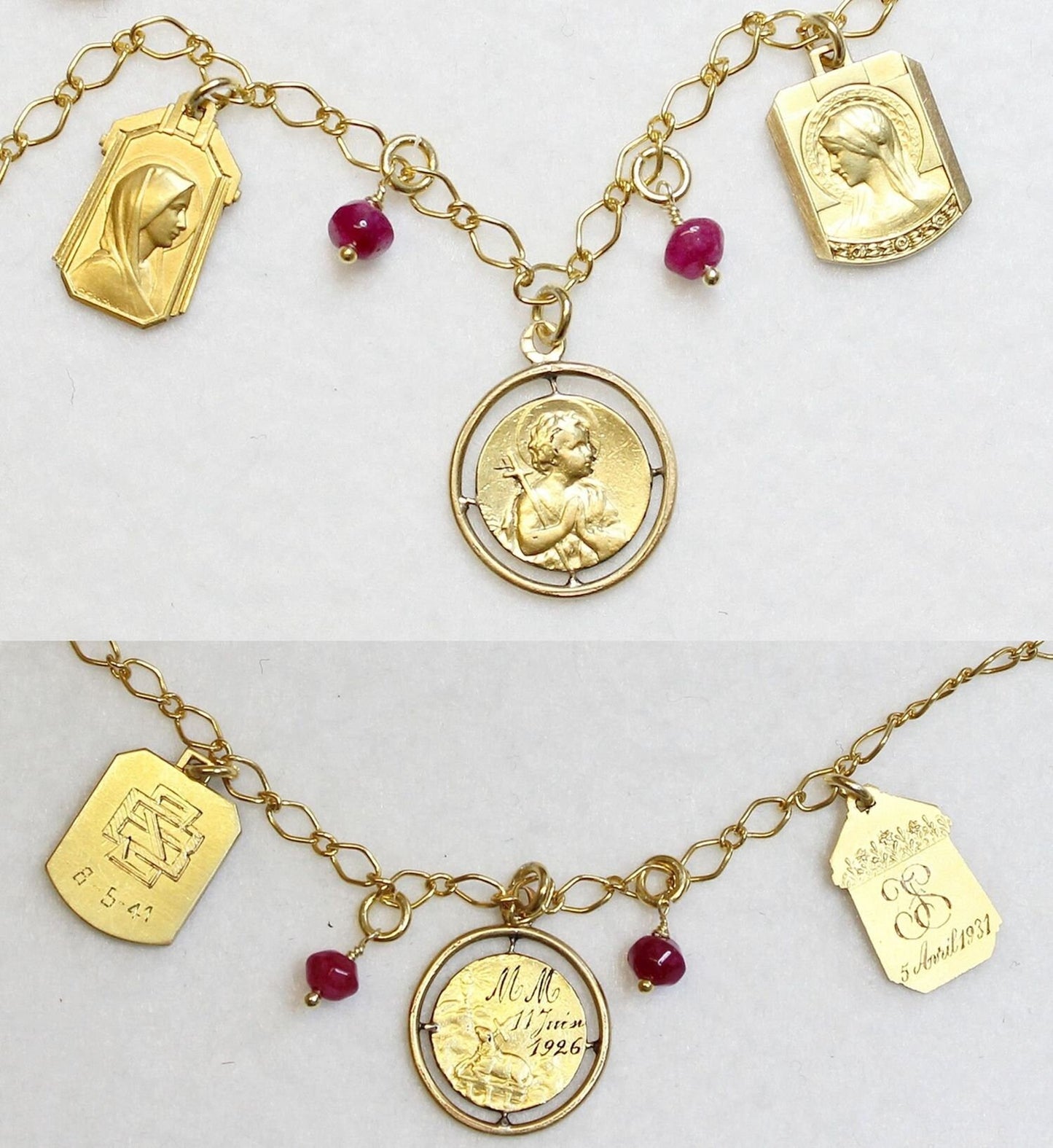 Necklace on Vermeil Chain w 3 Gold Filled Vintage Medals Pendants & Ruby