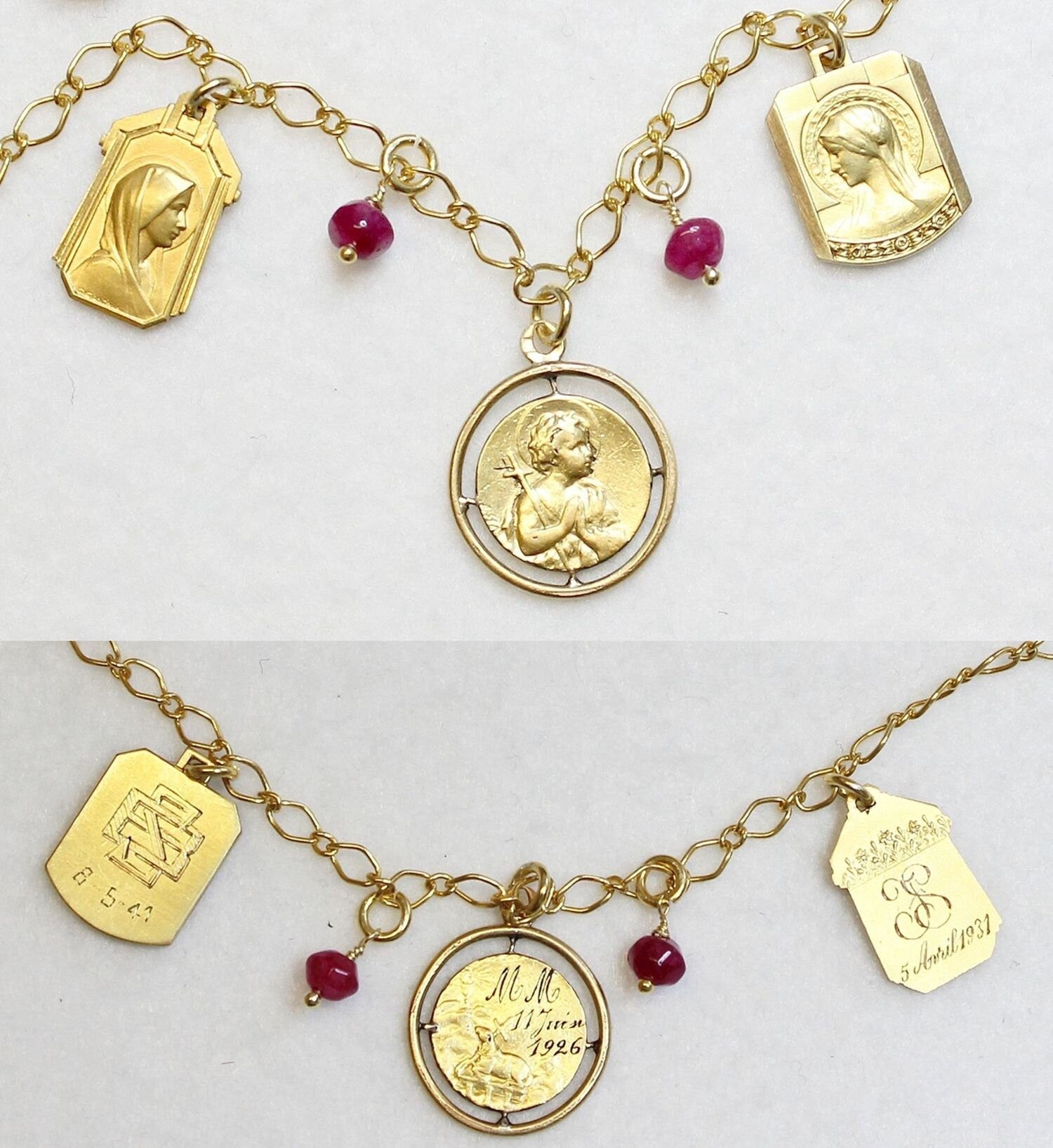 Necklace on Vermeil Chain w 3 Gold Filled Vintage Medals Pendants & Ruby