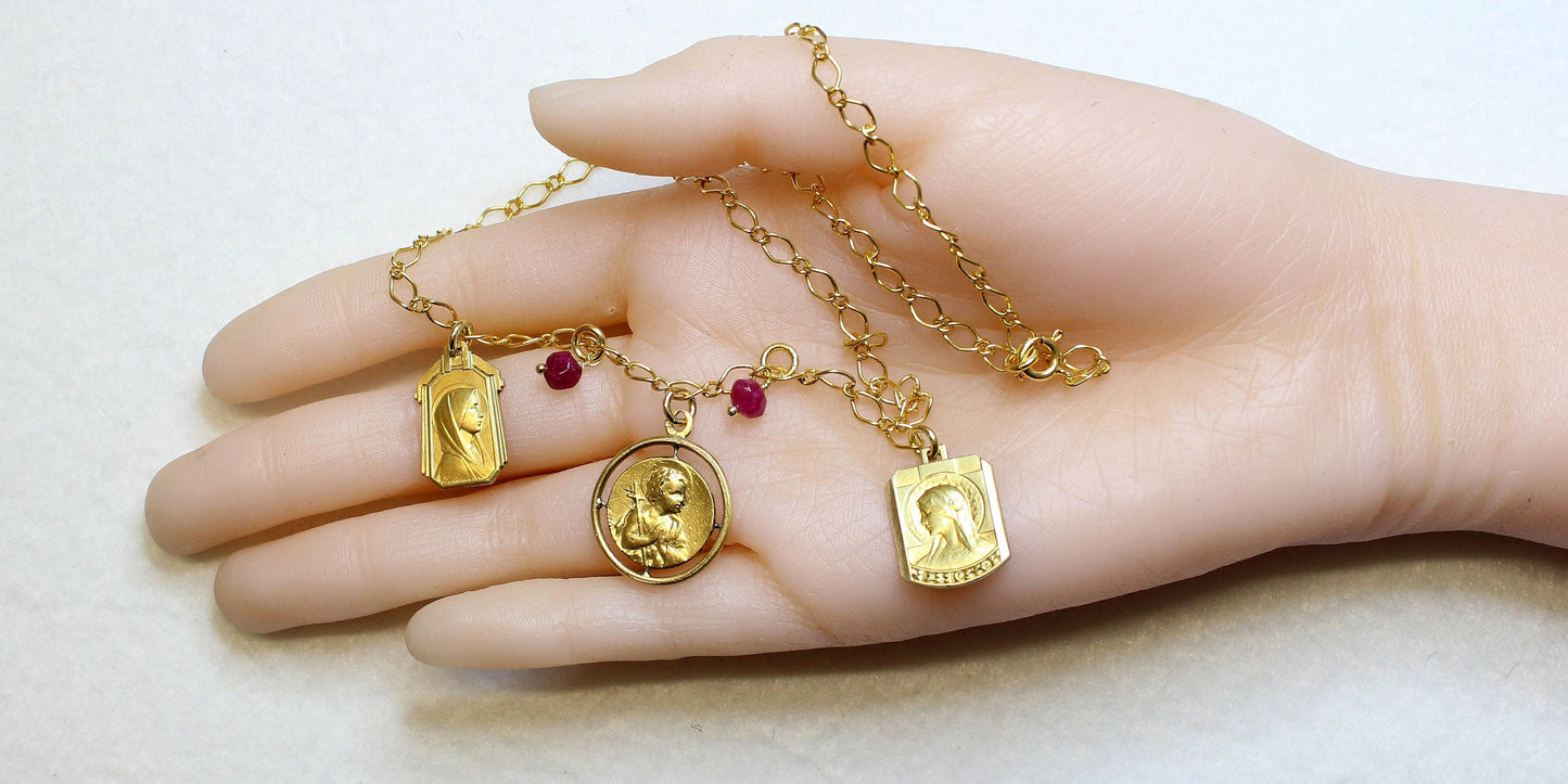 Necklace on Vermeil Chain w 3 Gold Filled Vintage Medals Pendants & Ruby