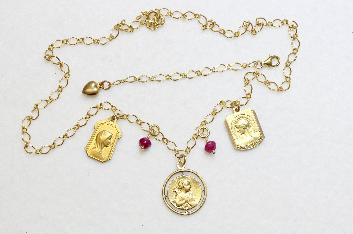 Necklace on Vermeil Chain w 3 Gold Filled Vintage Medals Pendants & Ruby