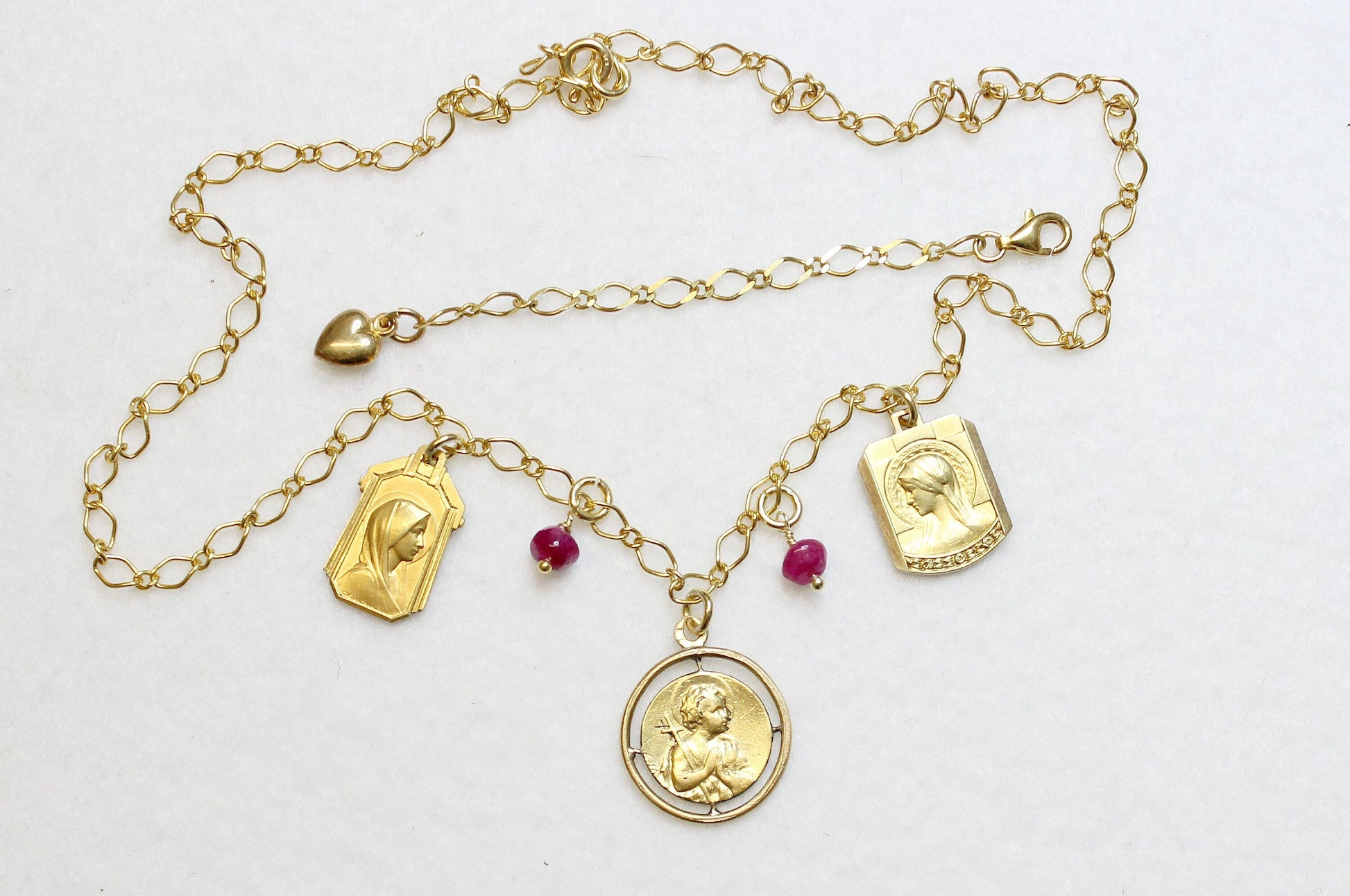 Necklace on Vermeil Chain w 3 Gold Filled Vintage Medals Pendants & Ruby