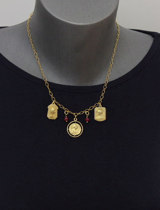 Necklace on Vermeil Chain w 3 Gold Filled Vintage Medals Pendants & Ruby