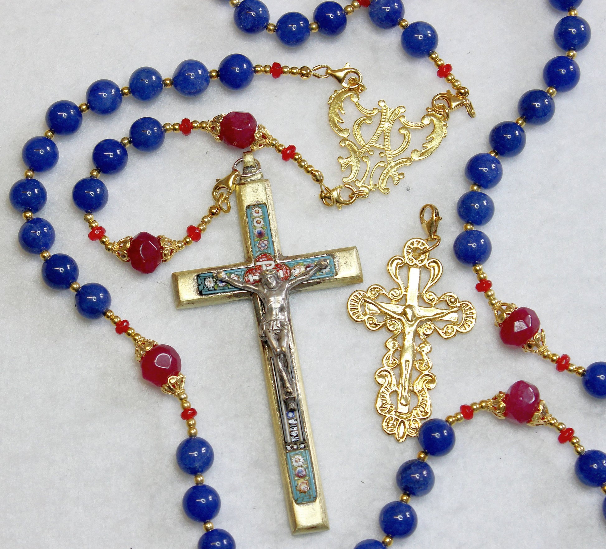 Catholic Rosary Sapphire, Vermeil & Micro Mosaic, Wearable, 9 Uses, 2 crosses – RARE - UNIQUE