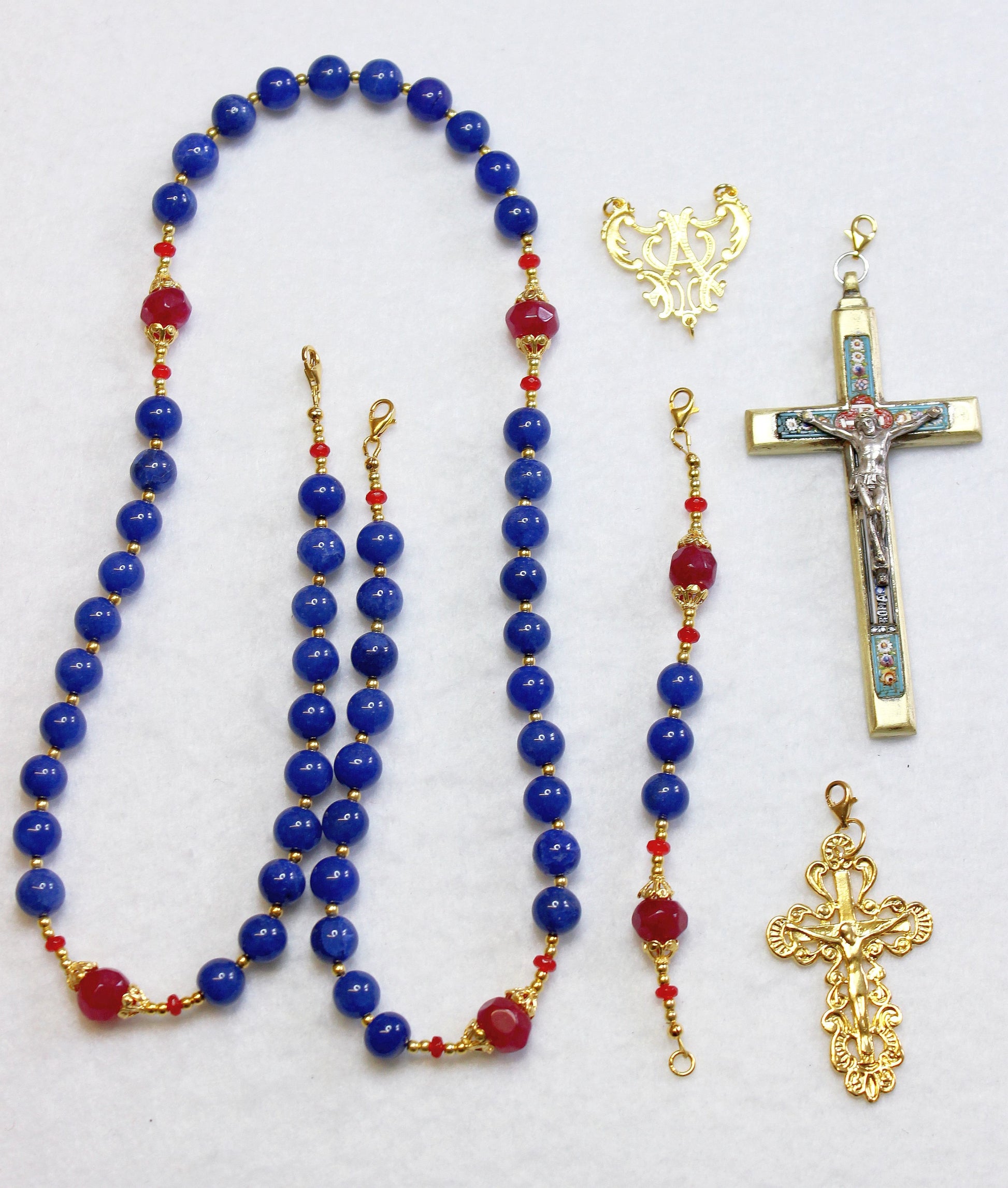 Catholic Rosary Sapphire, Vermeil & Micro Mosaic, Wearable, 9 Uses, 2 crosses – RARE - UNIQUE