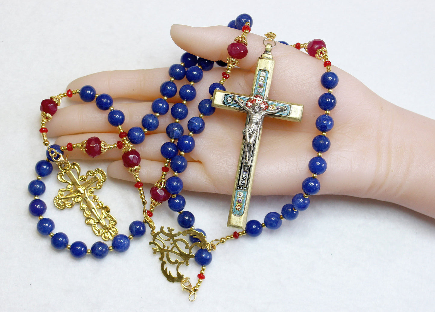 Catholic Rosary Sapphire, Vermeil & Micro Mosaic, Wearable, 9 Uses, 2 crosses – RARE - UNIQUE