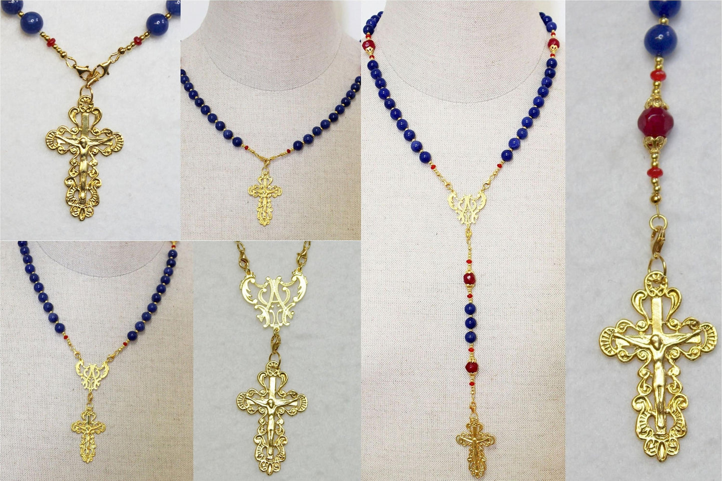 Catholic Rosary Sapphire, Vermeil & Micro Mosaic, Wearable, 9 Uses, 2 crosses – RARE - UNIQUE