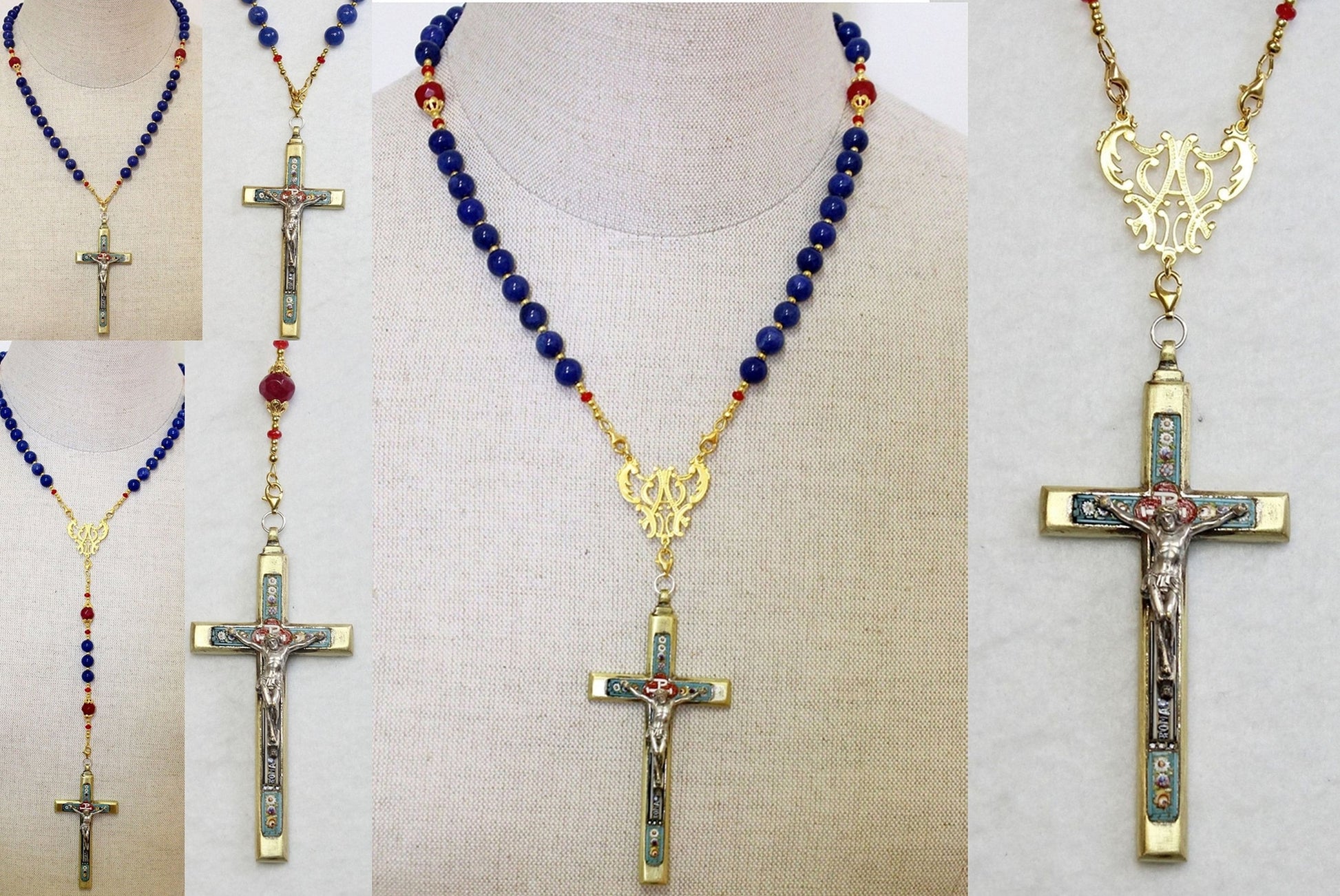 Catholic Rosary Sapphire, Vermeil & Micro Mosaic, Wearable, 9 Uses, 2 crosses – RARE - UNIQUE