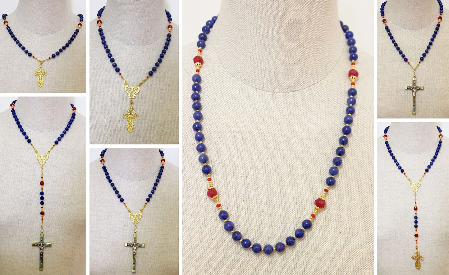 Catholic Rosary Sapphire, Vermeil & Micro Mosaic, Wearable, 9 Uses, 2 crosses – RARE - UNIQUE