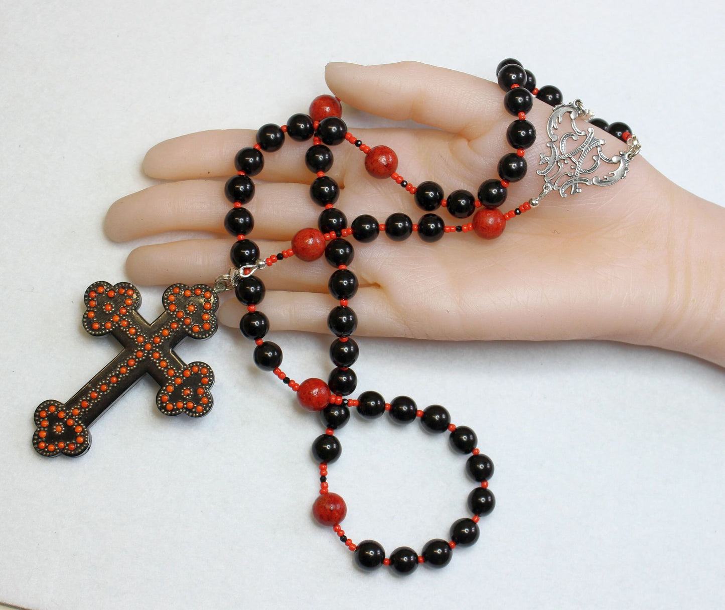 Catholic Rosary Jet, Sterling & Coral with Vintage Gutta Percha Studded Cross Rare Unique