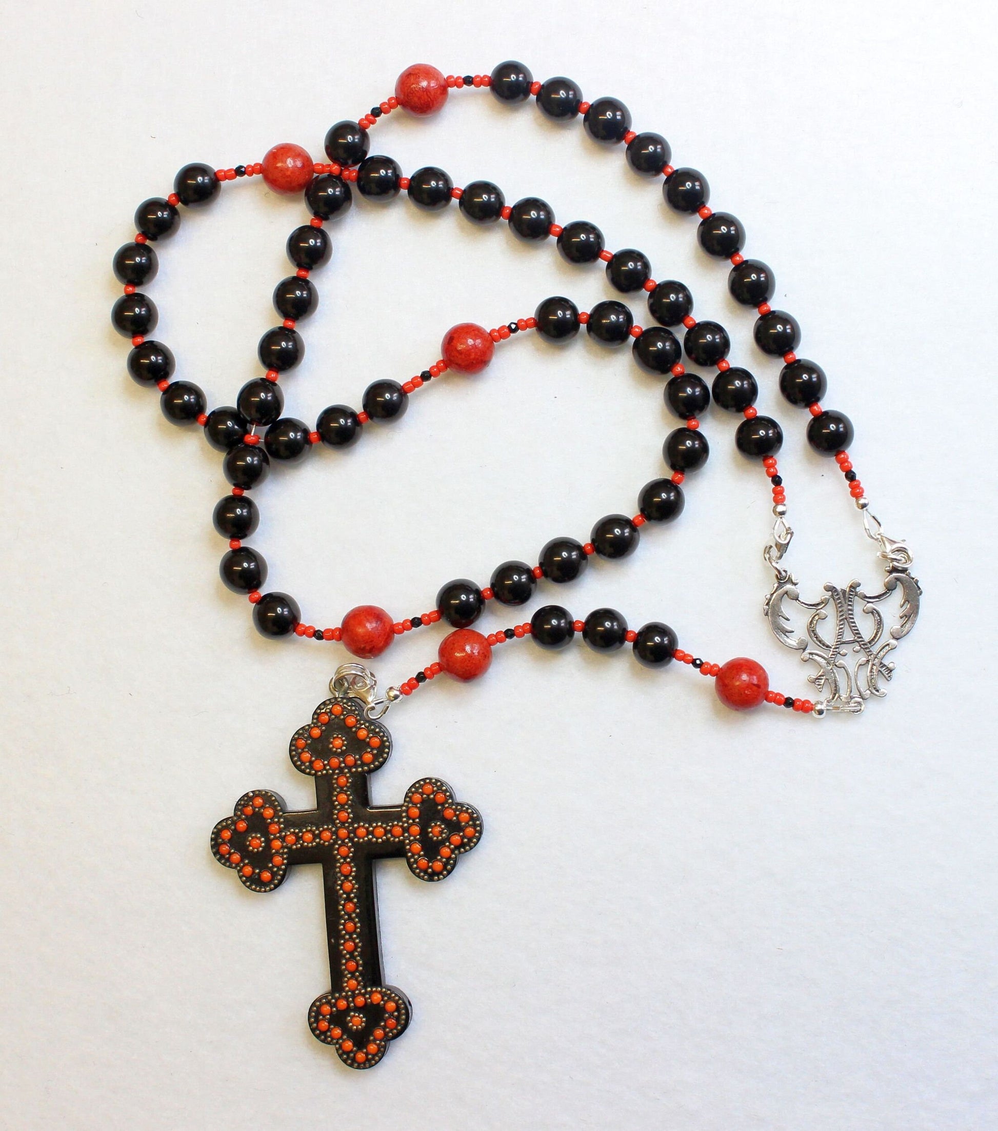 Catholic Rosary Jet, Sterling & Coral with Vintage Gutta Percha Studded Cross Rare Unique
