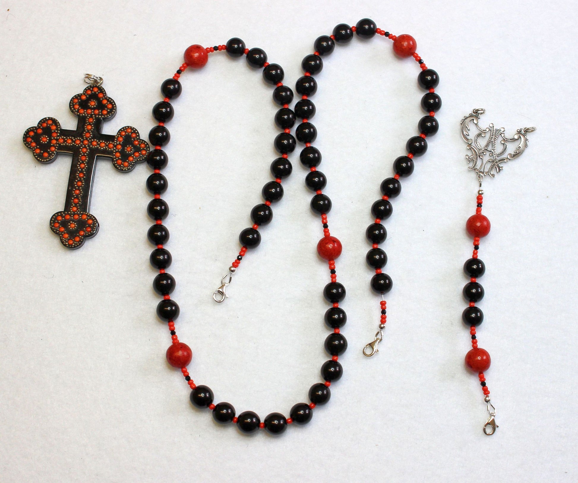 Catholic Rosary Jet, Sterling & Coral with Vintage Gutta Percha Studded Cross Rare Unique