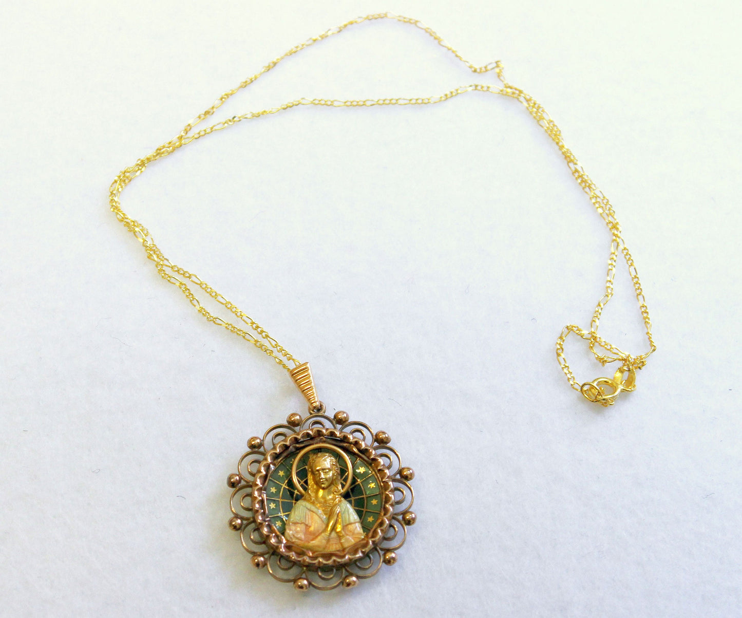 18 K Gold Plique-à-Jour Polychrome Enamel 1920's Virgin Medal w Chain XXR