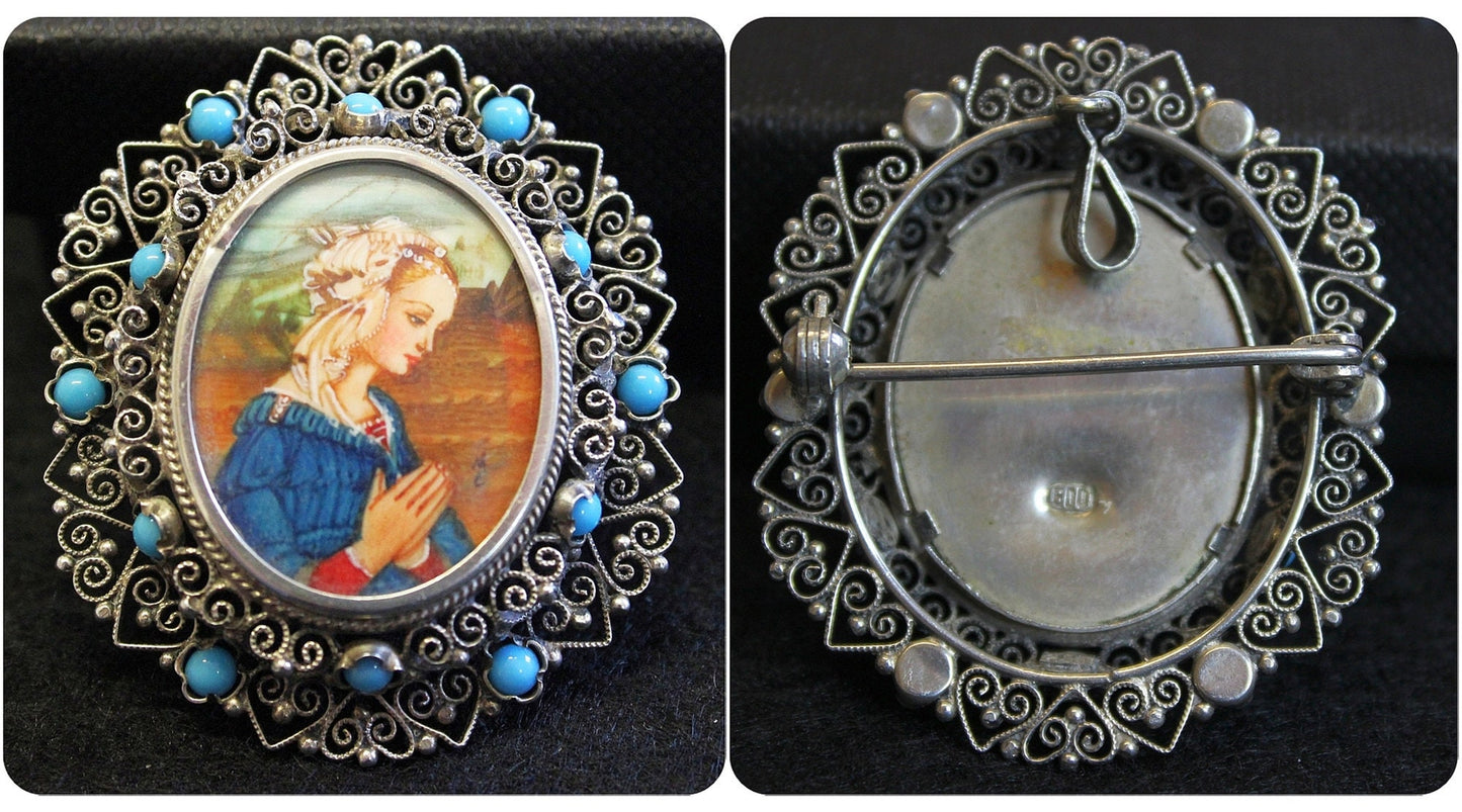 Virgin Mary Miniature Pendant Brooch: Filigree Sterling Silver, Turquoise, 1950s