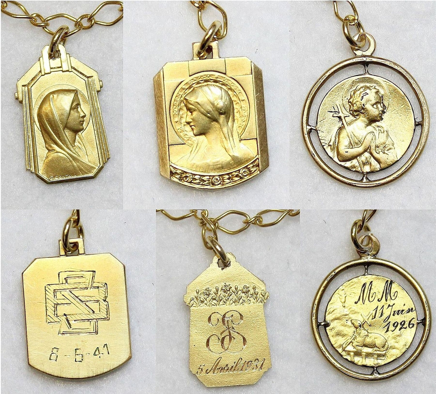 Necklace on Vermeil Chain w 3 Gold Filled Vintage Medals Pendants & Ruby