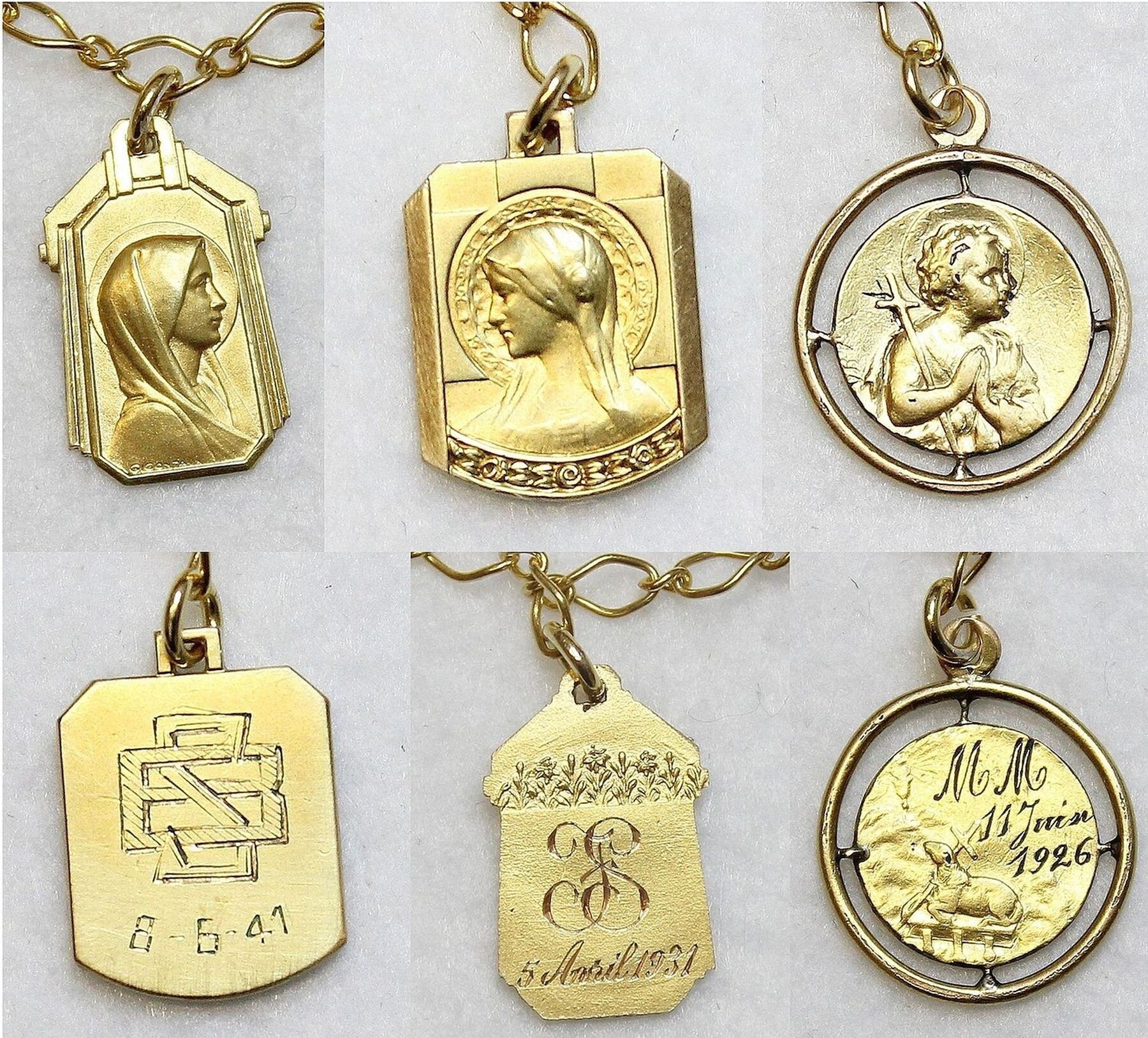 Necklace on Vermeil Chain w 3 Gold Filled Vintage Medals Pendants & Ruby