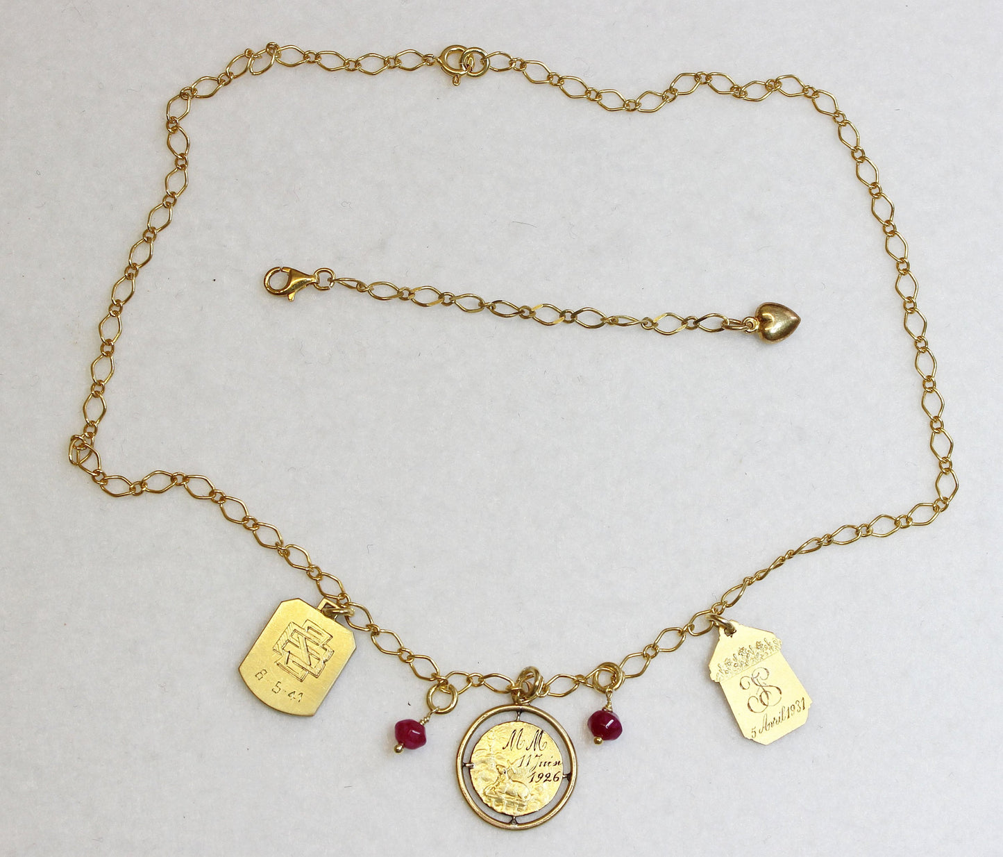 Necklace on Vermeil Chain w 3 Gold Filled Vintage Medals Pendants & Ruby