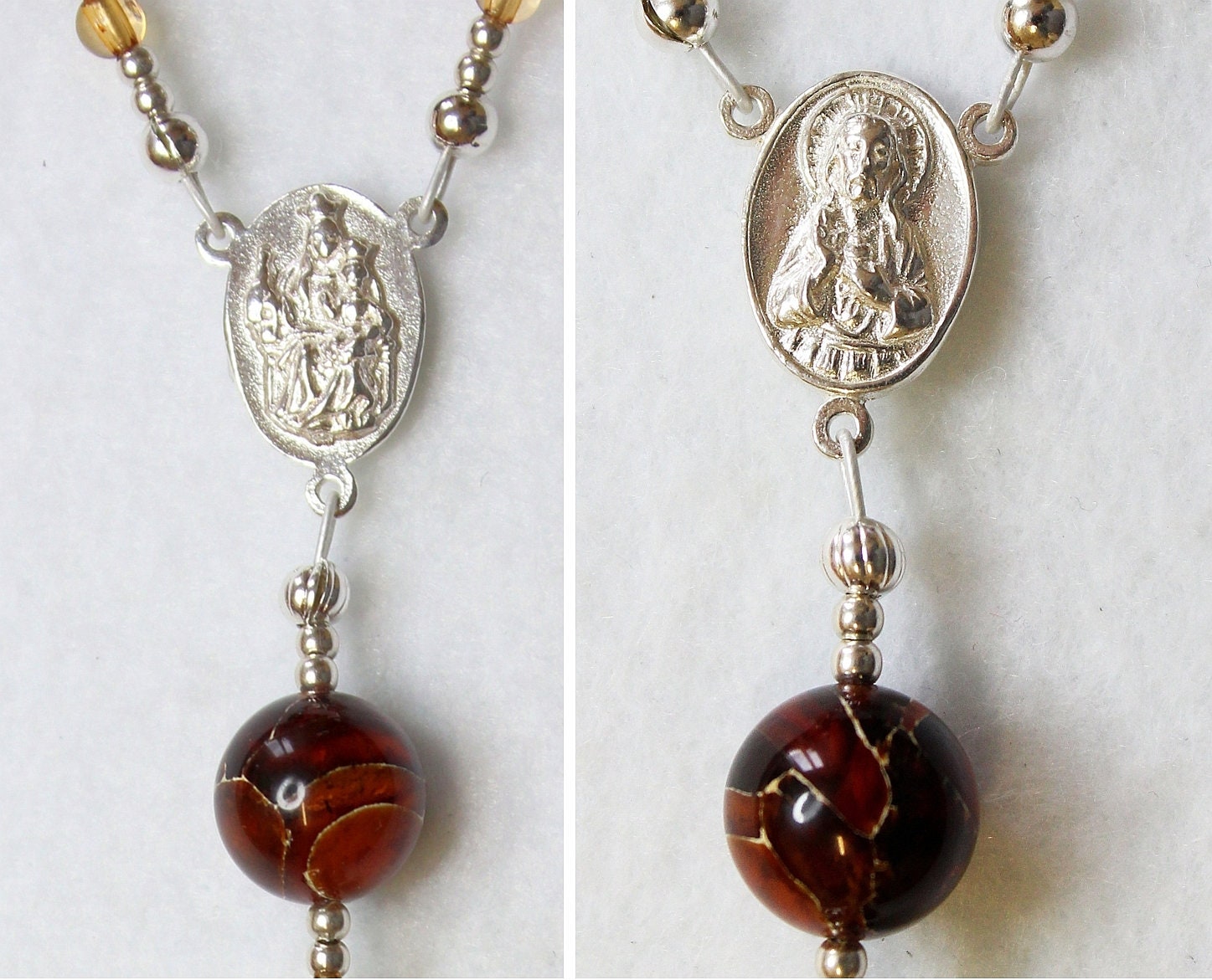Catholic Travel Rosary Chaplet Vintage Cognac Baltic Amber and Sterling Silver
