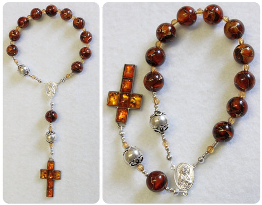 Catholic Travel Rosary Chaplet Vintage Cognac Baltic Amber and Sterling Silver