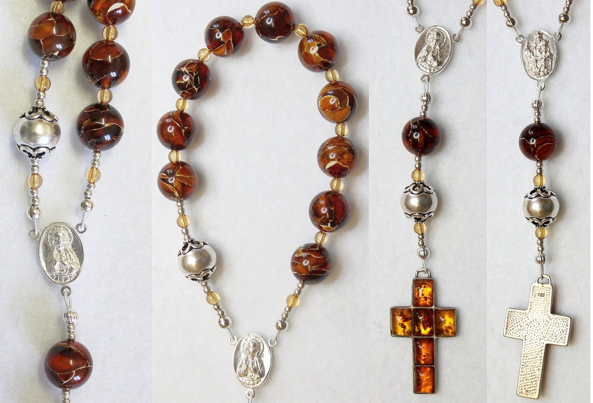 Catholic Travel Rosary Chaplet Vintage Cognac Baltic Amber and Sterling Silver