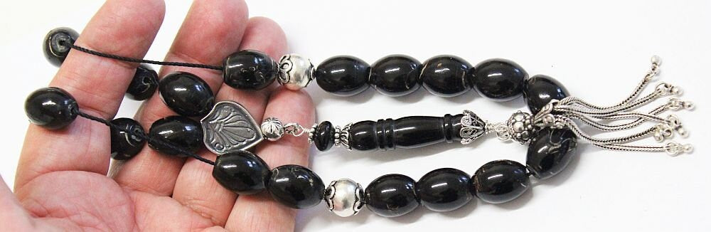Greek Komboloi Large Barrel Yussuri (Black Coral) + Sterling Silver - Impressive