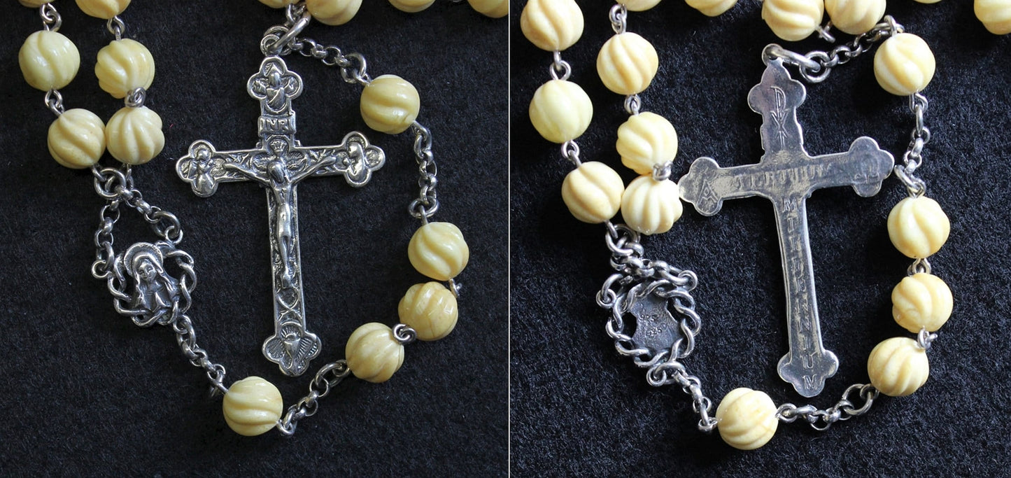 Vintage Catholic Rosary Carved Baltic Butterscotch Amber and Sterling Silver in Leather & Sterling Box