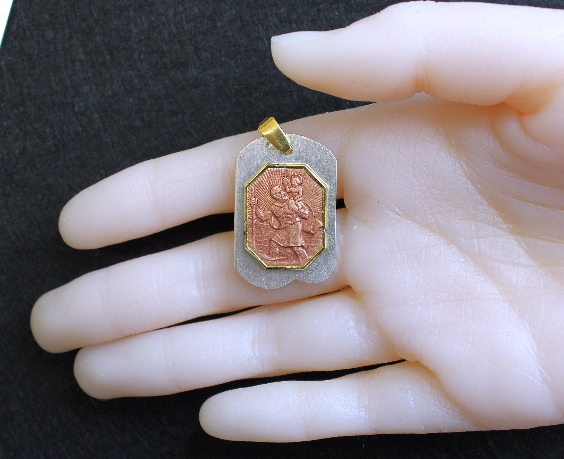 Vintage Catholic Medal St Christopher Enamel & Vermeil on Sterling Silver