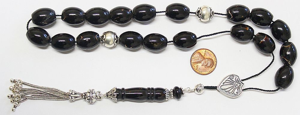 Greek Komboloi Large Barrel Yussuri (Black Coral) + Sterling Silver - Impressive