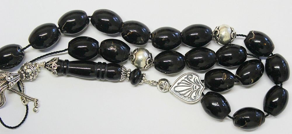 Greek Komboloi Large Barrel Yussuri (Black Coral) + Sterling Silver - Impressive