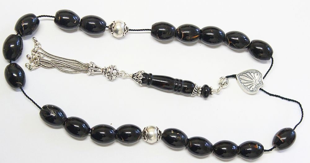 Greek Komboloi Large Barrel Yussuri (Black Coral) + Sterling Silver - Impressive
