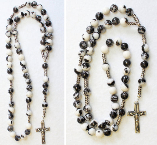 Catholic Rosary Prayer Beads Zebra Jade and Heavy Sterling Silver