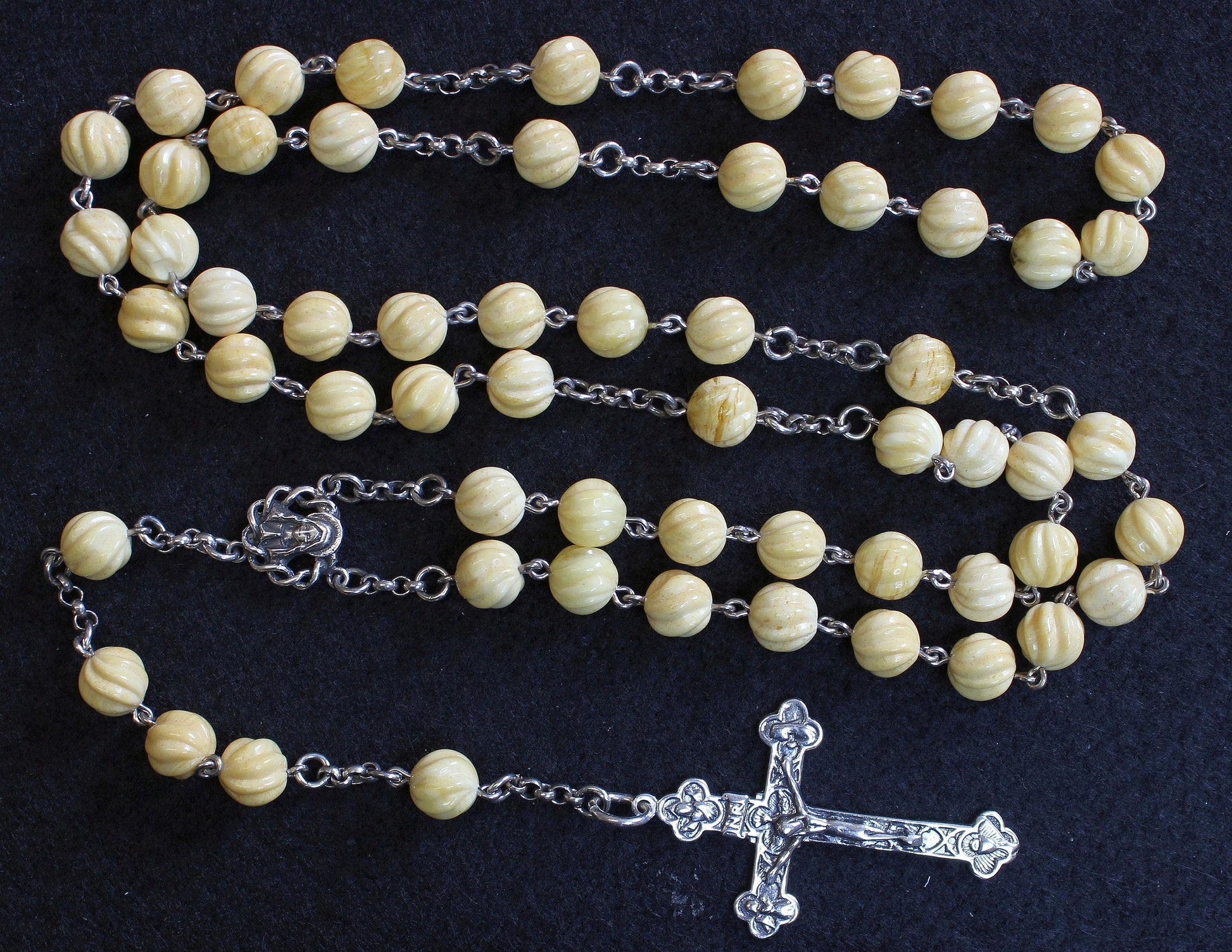 Vintage Catholic Rosary Carved Baltic Amber and Sterling in Leather & Sterling Box