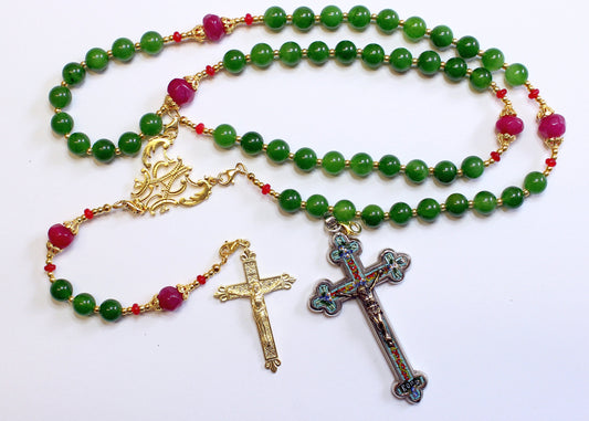 Catholic Rosary Emerald, Vermeil & Micro Mosaic, Wearable, 9 Uses, 2 crosses – RARE - UNIQUE